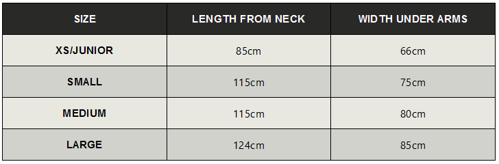 2024 HUUB Change Robe 0 Size Chart